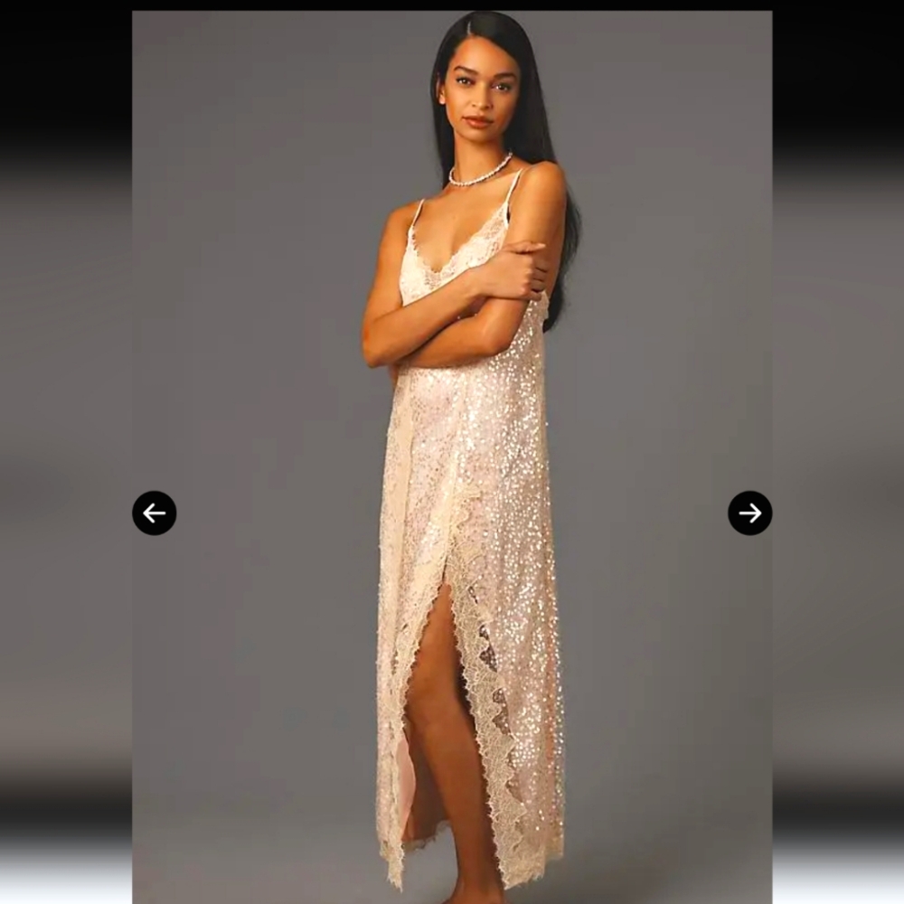 Anthropologie Midi Maxi En Elly V-Neck Lace Sequin Formal Slip Dress Lg NWT$168